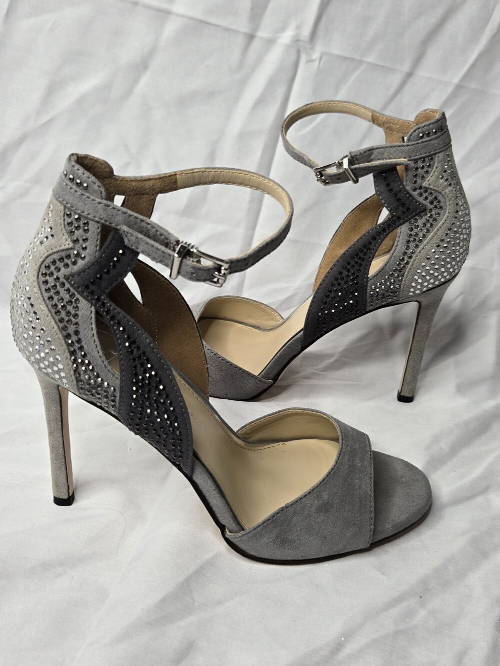 Jessica Simpson Gray Suede Rhinestone Studded Stiletto Heels Sandals 6.5 M